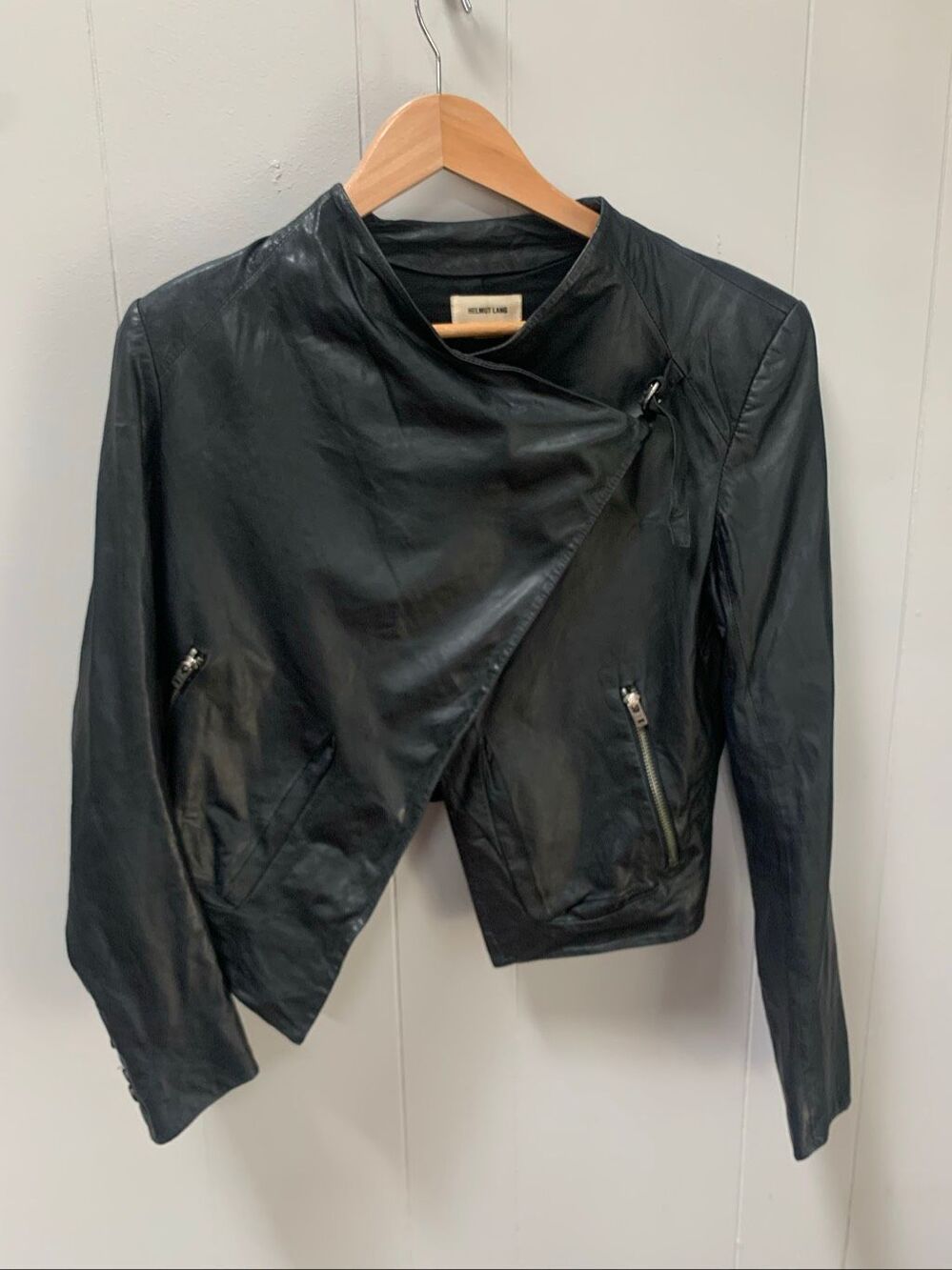 Helmut Lang Cropped Asymmetrical Black Lamb Leather Jacket Large